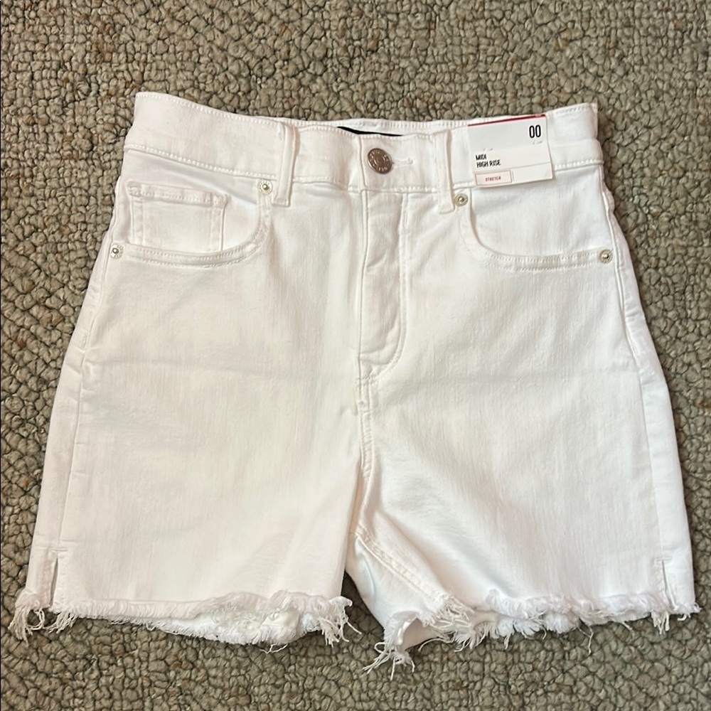 Express Midi High Rise White Jean Shorts- Stretch